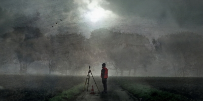 painting of surveyor standing on rural path