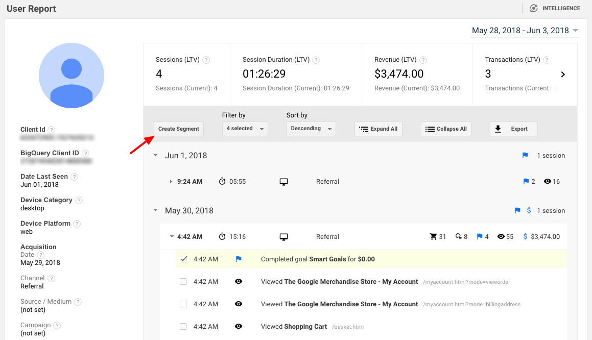 Individual user report and custom segments in Google Analytics User Explorer