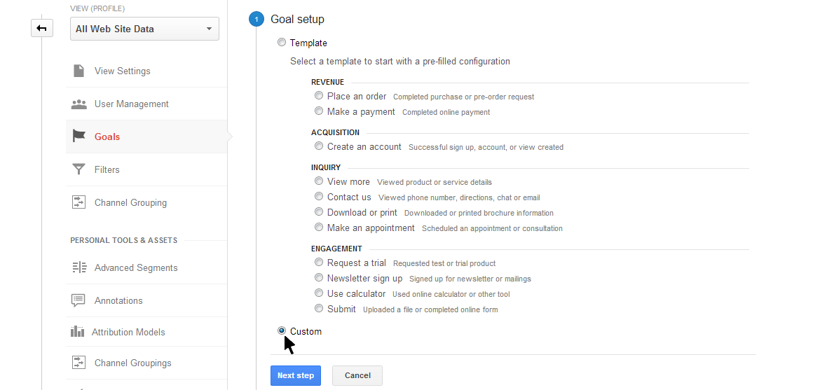 Google Analytics Goal setup templates page