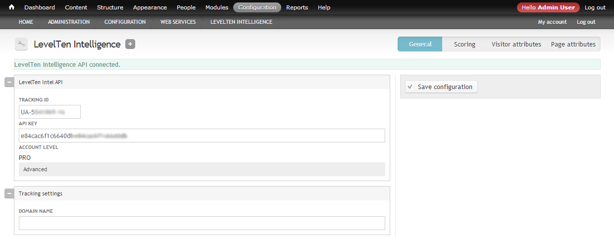 LevelTen Intelligence Drupal admin configuration screenshot