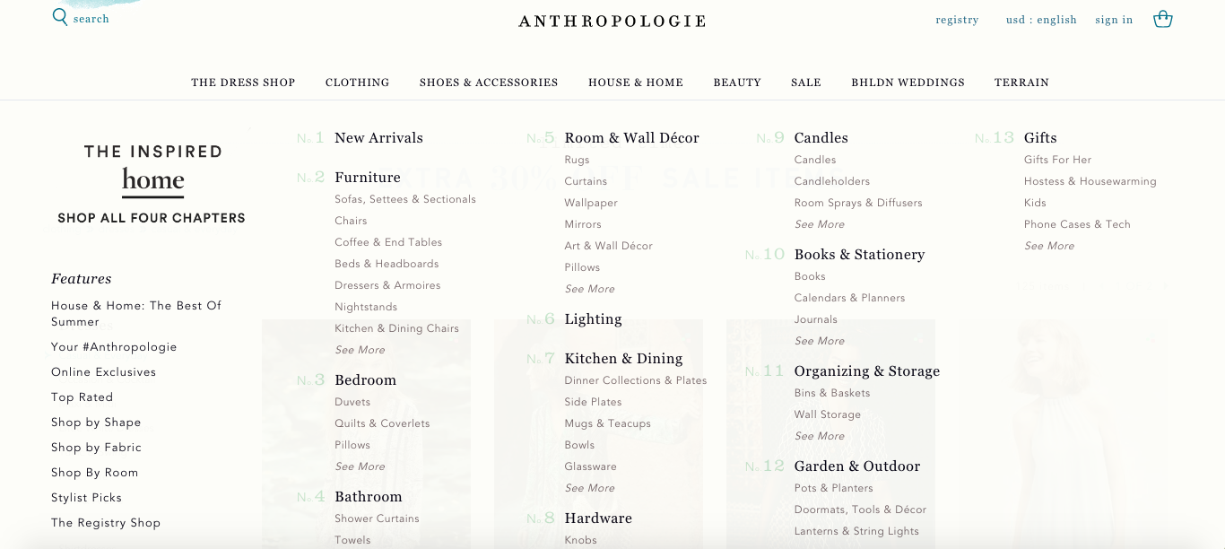 mega menu navigation anthropologie
