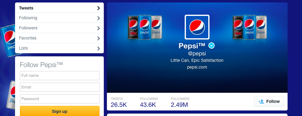 Screenshot of Pepsi's Twitter Profile