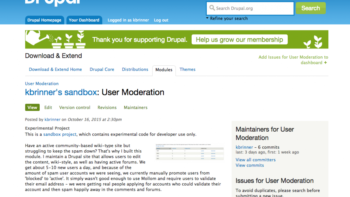 User Moderation Sandbox Project for Drupal - Community Management of New Users to Avoid Spammers and Trolls drupal sandbox project