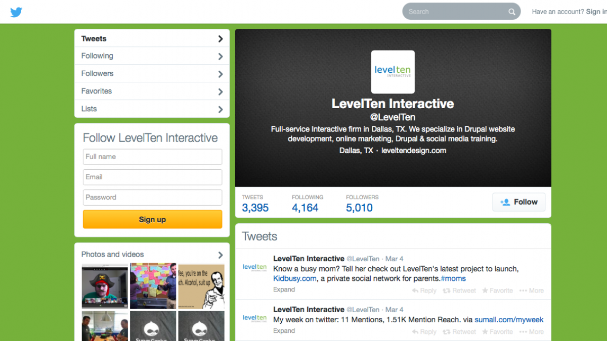 A green background featuring LevelTen Interactive's active twitter feed, as well as it's logo.