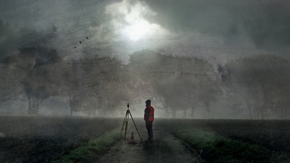 painting of surveyor standing on rural path