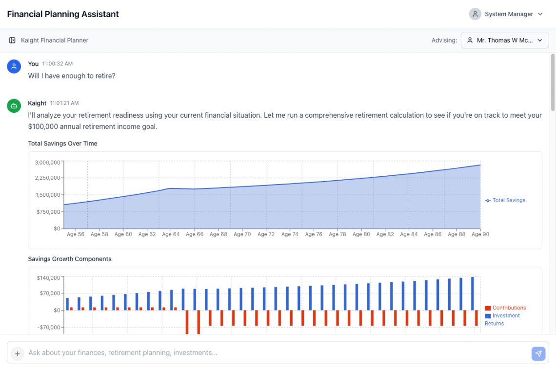 Screenshot of AIOE with question will I able to retire and response with charts from AI.